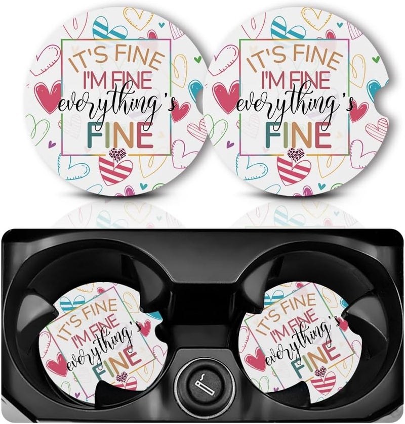 Yonlevres Car Coasters for Cup Holders，2.75" Anti Slip Rubber Mat with A Finger Notch, 2 Pack Car Cup Holder Coasters for Car Interior Accessories for Women Men I'm Fine - Image 1